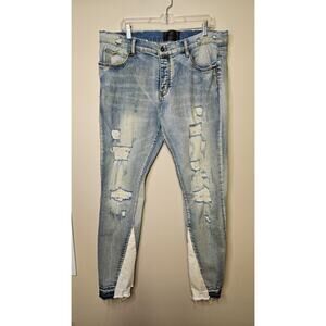 Valabasas Jeans Mens 38 Skinny Distressed Vintage Wash Two Tone Denim Button Fly